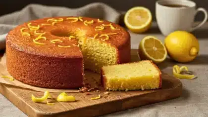 Gâteau au citron moelleux et doré, décoré de zestes de citron frais, posé sur une planche en bois.