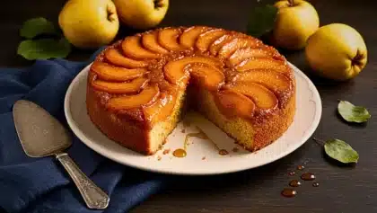 Gâteau aux coings caramélisés sur assiette, nappé d’un sirop doré, entouré de fruits entiers et de feuilles d’automne.
