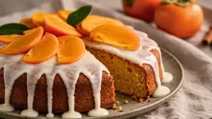 Gâteau au kaki moelleux avec glaçage blanc et tranches de fruit frais sur le dessus.