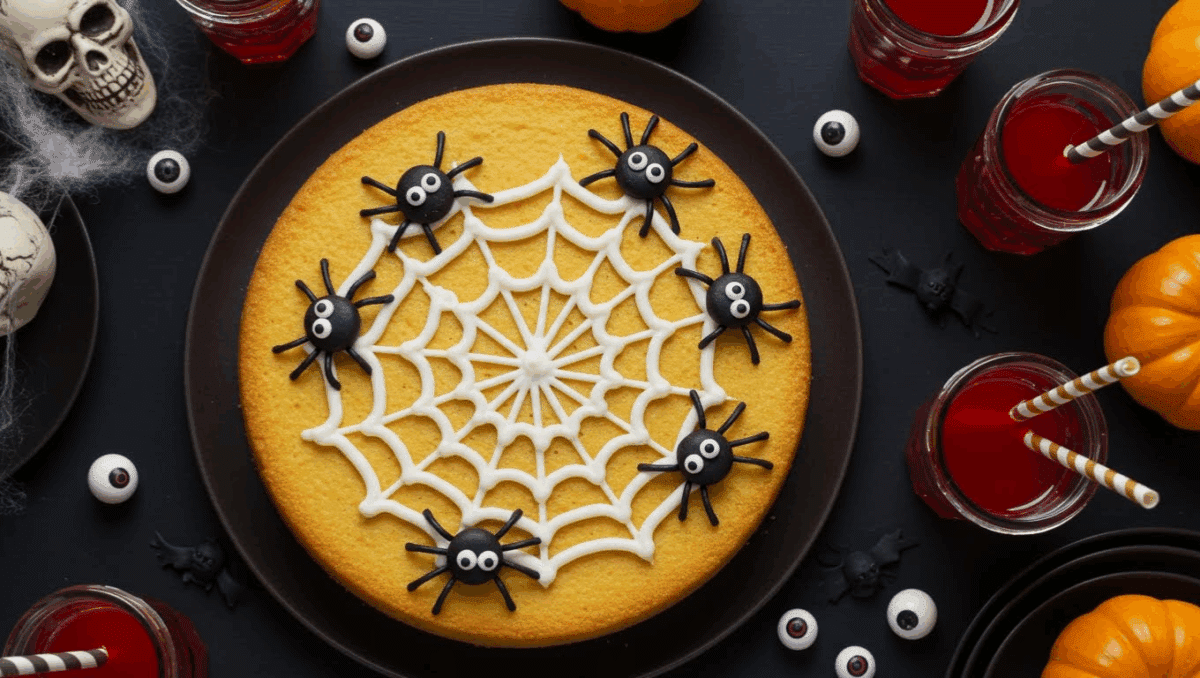Gâteau d’Halloween décoré d’une toile d’araignée en glaçage blanc et de petites araignées en pâte à sucre, entouré de citrouilles et de verres de jus rouge.