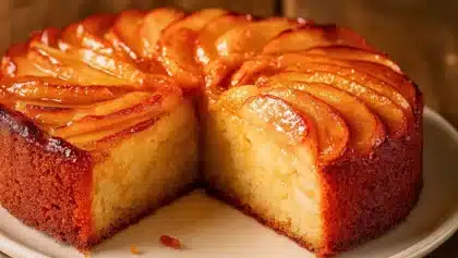 Gâteau aux pommes doré et brillant, coupé en parts, montrant une texture moelleuse et fondante à l’intérieur.