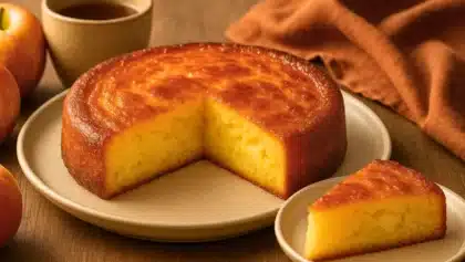 Gâteau aux pommes doré et fondant, coupé en part sur une assiette beige, avec des pommes fraîches et une tasse de café en arrière-plan.