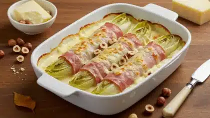 Gratin d’endives roulées dans du jambon, nappées de béchamel fondante et garnies de noisettes grillées dans un plat blanc sur une table en bois.