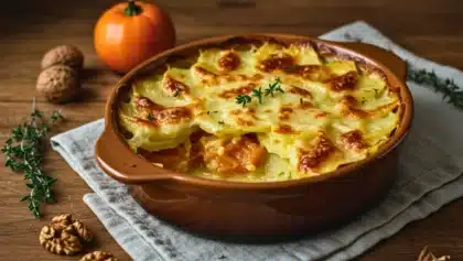 Gratin de potimarron doré au four dans un plat en terre cuite, décoré de thym et de noix, sur une table en bois rustique.