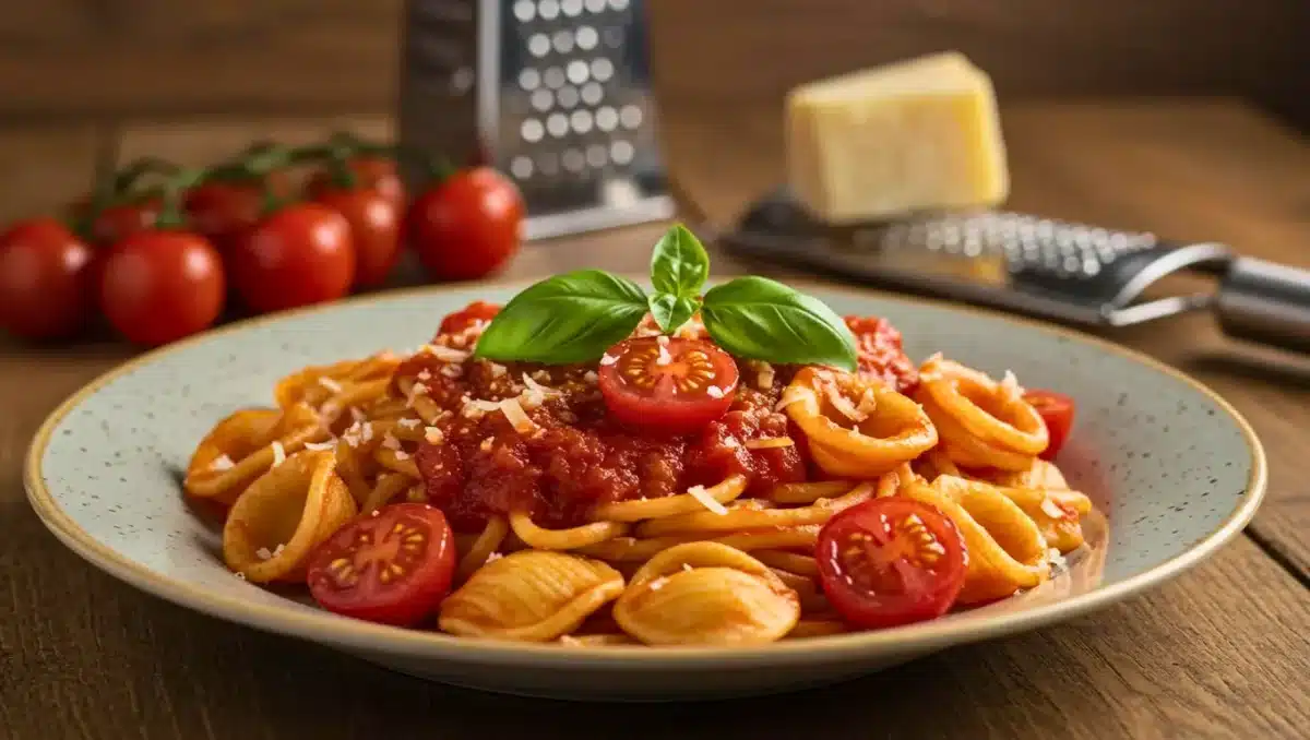 Assiette de pâtes italiennes nappées de sauce tomate maison, décorées de feuilles de basilic et de copeaux de parmesan, avec des tomates cerises en arrière-plan.