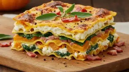 Part de lasagnes à la courge butternut, lardons et épinards, servie sur une planche en bois avec fromage gratiné doré.