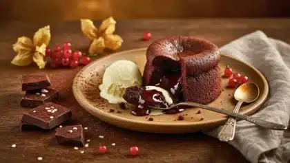 Moelleux au chocolat au cœur coulant servi avec une boule de glace vanille et des carrés de chocolat sur une assiette en bois.