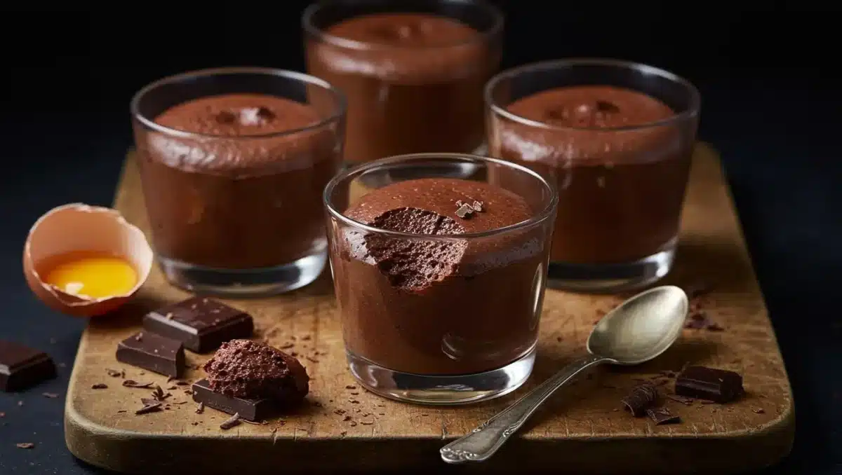 Mousse au chocolat maison servie dans des verrines en verre, saupoudrée de copeaux de chocolat, sur une planche en bois avec une cuillère et un œuf cassé à côté.