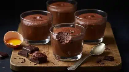 Mousse au chocolat maison servie dans des verrines en verre, saupoudrée de copeaux de chocolat, sur une planche en bois avec une cuillère et un œuf cassé à côté.
