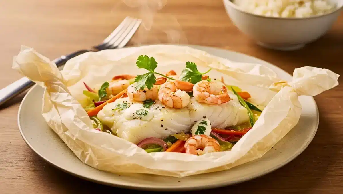 Papillote de cabillaud et crevettes aux légumes croquants, servie chaude avec coriandre fraîche et riz blanc en accompagnement.