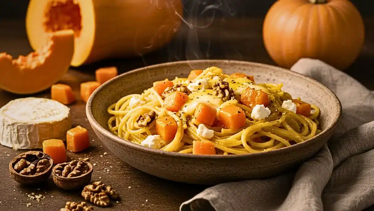 Assiette de spaghettis à la sauce butternut crémeuse, garnie de dés de courge rôtie, de fromage de chèvre et de noix concassées.