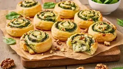 Feuilletés roulés dorés au bleu et aux épinards, parsemés de noix concassées sur une planche en bois.