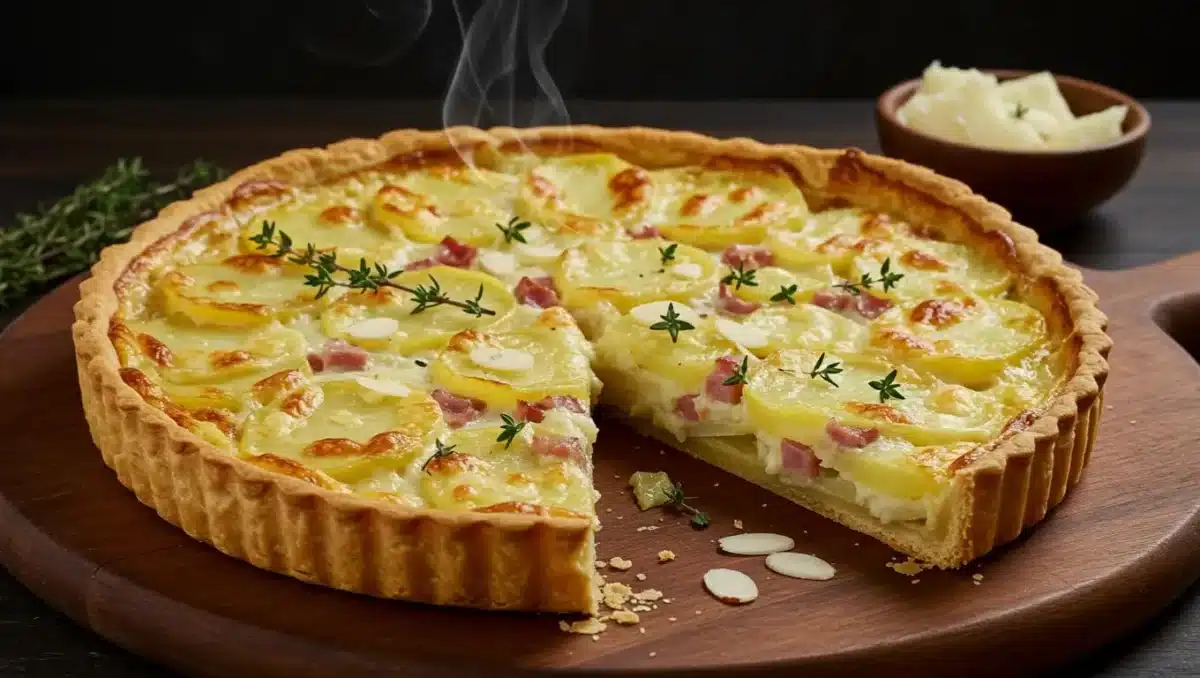 Tarte salée dorée aux pommes de terre, jambon et cancoillotte, encore fumante, servie sur une planche en bois avec du thym frais.