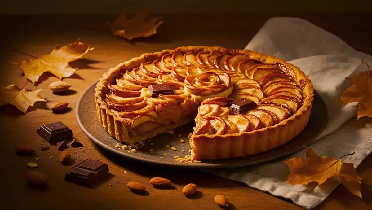 Tarte aux pommes dorée garnie de morceaux de chocolat et de crème d’amande, posée sur une table d’automne avec feuilles sèches et éclats d’amande.