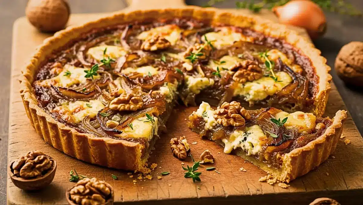 Tarte dorée aux oignons caramélisés, roquefort et noix, servie sur une planche en bois avec brins de thym frais.