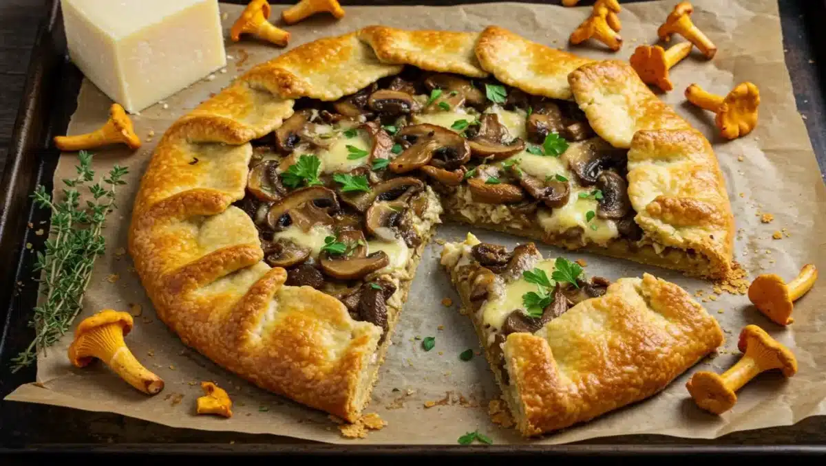 Tarte rustique dorée aux champignons et fromage fondant, posée sur une plaque avec des girolles fraîches et du thym autour.
