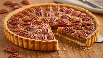 Tarte sablée dorée garnie de caramel fondant et de noix de pécan entières, servie sur une table en bois rustique.