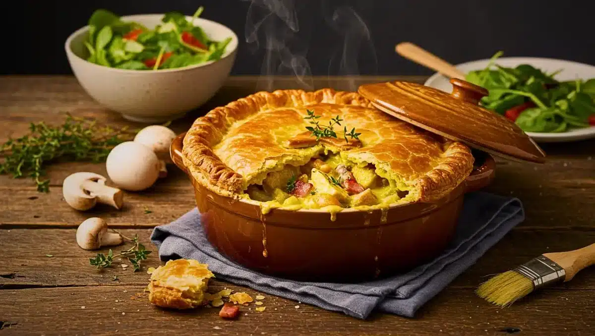 Tourte dorée au poulet, lardons et champignons, servie fumante dans un plat en terre cuite sur une table rustique.