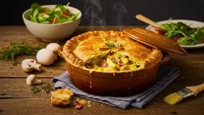 Tourte dorée au poulet, lardons et champignons, servie fumante dans un plat en terre cuite sur une table rustique.