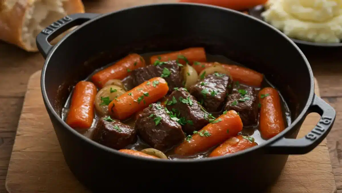 Cocotte de bœuf-carottes mijoté, avec morceaux de viande tendre et carottes fondantes dans une sauce brune.