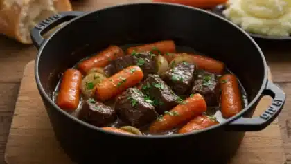 Cocotte de bœuf-carottes mijoté, avec morceaux de viande tendre et carottes fondantes dans une sauce brune.