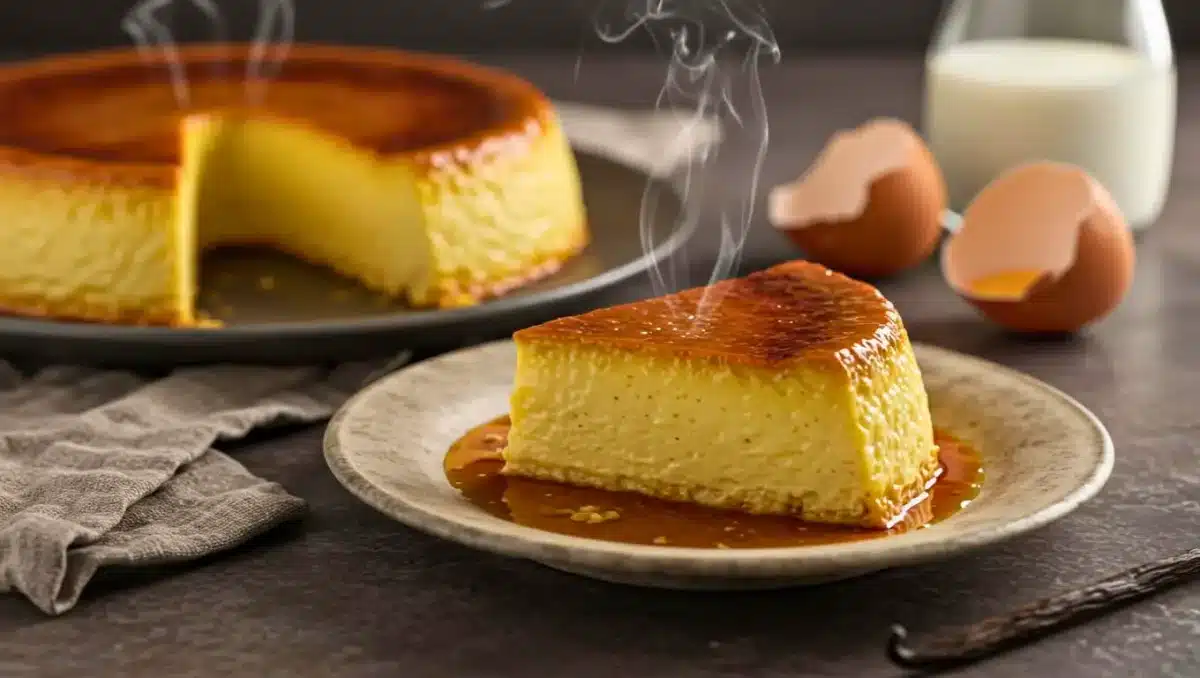 Part de flan à la vanille maison, nappée de caramel, servie fumante sur une assiette avec des œufs et une gousse de vanille en arrière-plan.