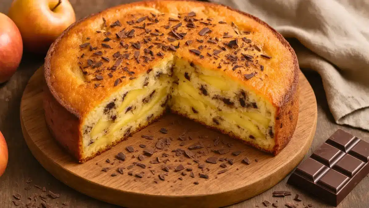 Gâteau au yaourt moelleux avec morceaux de pommes et éclats de chocolat, posé sur une planche en bois avec quelques copeaux de chocolat autour.
