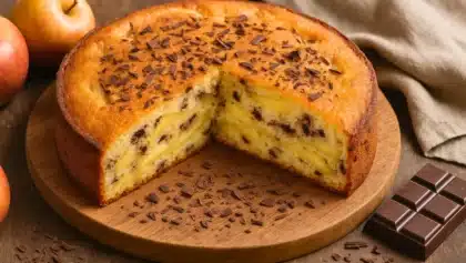 Gâteau au yaourt moelleux avec morceaux de pommes et éclats de chocolat, posé sur une planche en bois avec quelques copeaux de chocolat autour.