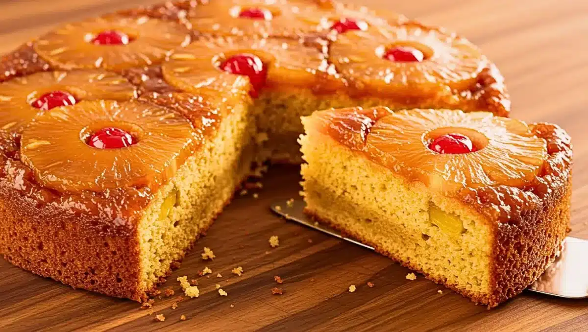 Gâteau renversé à l’ananas caramélisé avec cerises confites, moelleux et doré, posé sur une planche en bois.