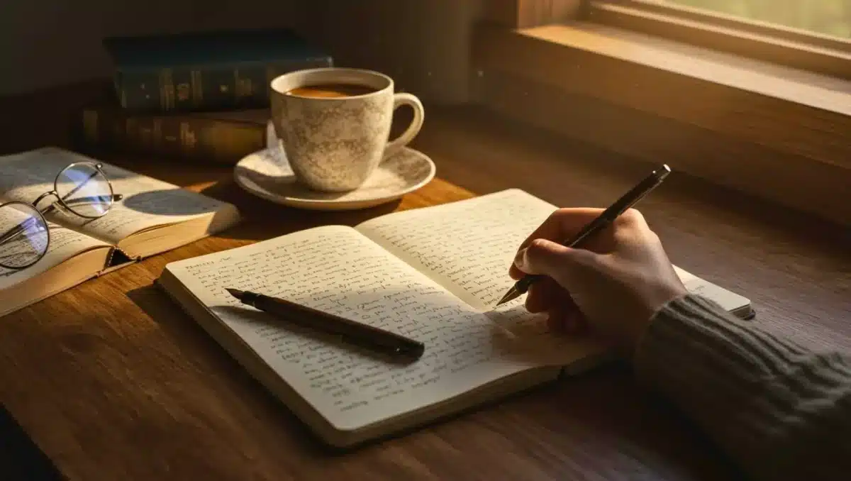 Personne écrivant dans un carnet à la lumière du jour, avec une tasse de café et des livres ouverts, illustrant l’apprentissage du français et des expressions idiomatiques.