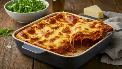 Plat de lasagnes maison gratinées au fromage, servies dans un plat en céramique sur une table en bois rustique, avec de la roquette et du parmesan en arrière-plan.