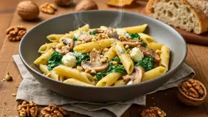 Assiette de penne au gorgonzola, champignons sautés, épinards frais et éclats de noix, servie sur une table en bois rustique avec du pain à l’arrière-plan.