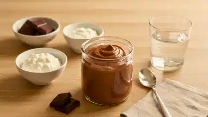 Pot de mousse au chocolat légère posé sur une table avec ses ingrédients : chocolat noir, fromage blanc et eau, prêt à être dégusté.