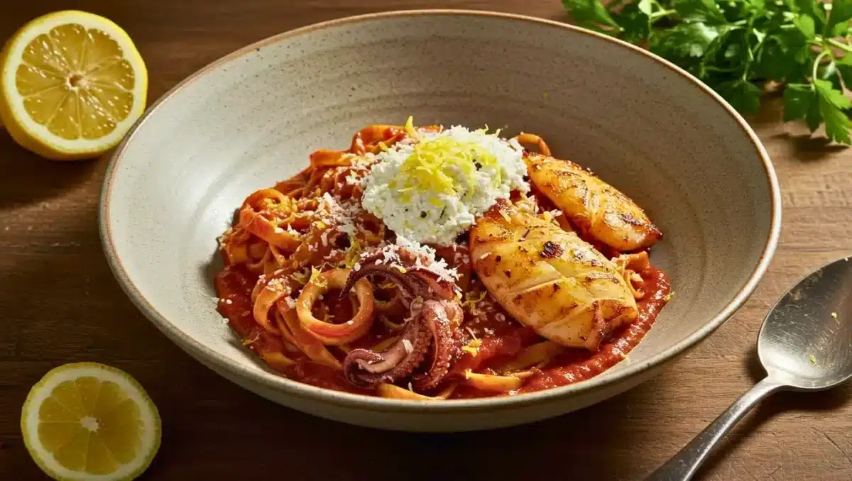 Assiette de tagliatelles à la sauce tomate servies avec des calamars grillés, de la ricotta citronnée et du zeste de citron, sur une table en bois.