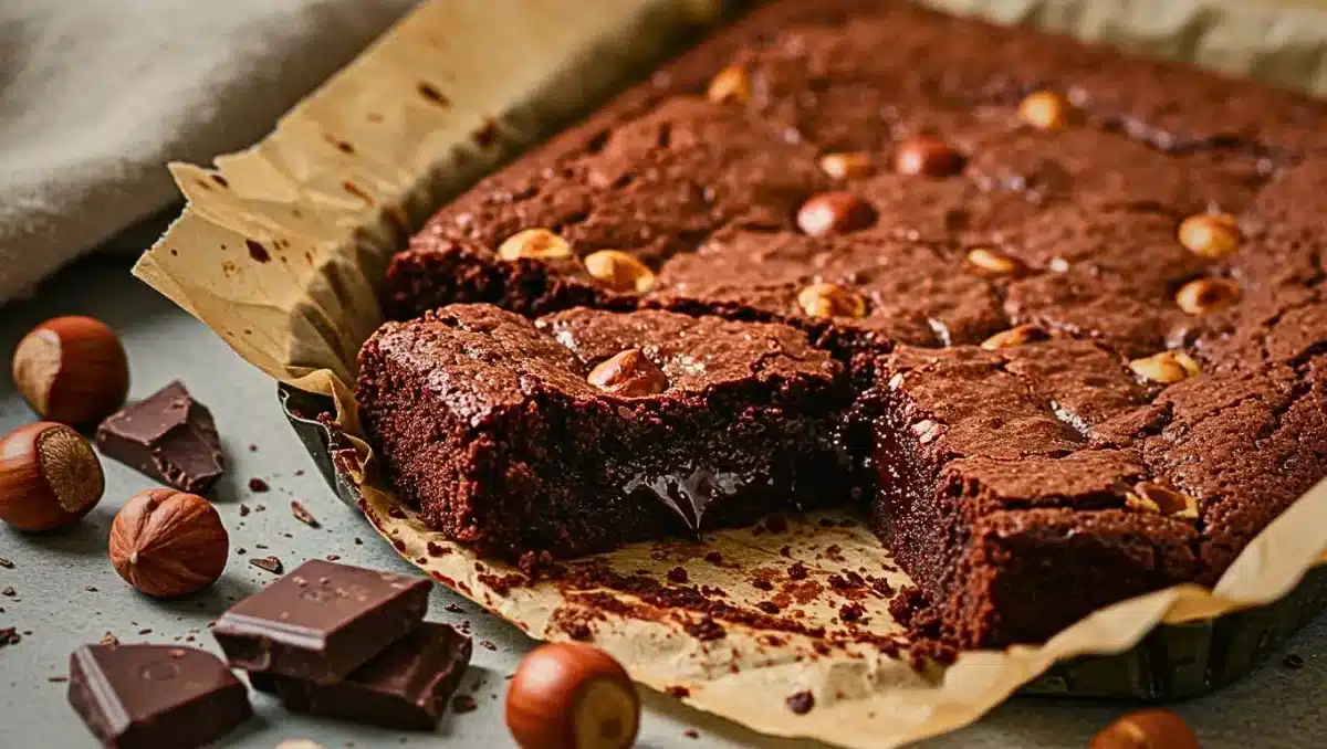 Brownie maison au chocolat noir et noisettes croquantes, découpé en parts, avec un cœur fondant et des éclats de chocolat autour.
