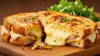 Croque-monsieur doré et croustillant, garni de fromage fondant et de jambon.