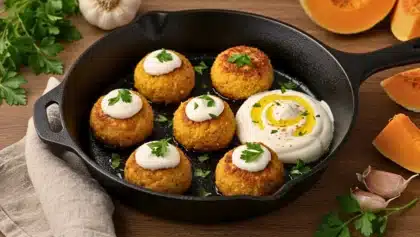 Boulettes de courge dorées et croustillantes servies avec une sauce au yaourt et du persil frais.