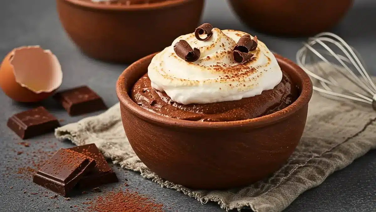 Mousse au chocolat maison surmontée de chantilly et de copeaux de chocolat, servie dans un bol en terre cuite.