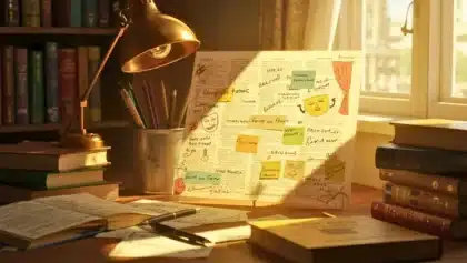 Bureau baigné de lumière avec livres, carnets et notes colorées expliquant l’origine d’expressions issues du théâtre.