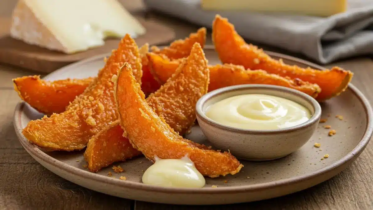 Tranches de potimarron croustillantes servies avec une sauce fondante au reblochon dans une assiette en grès.