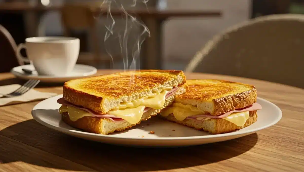 Croque-monsieur chaud et fondant au jambon et fromage, servi sur une assiette avec une tasse de café fumante.