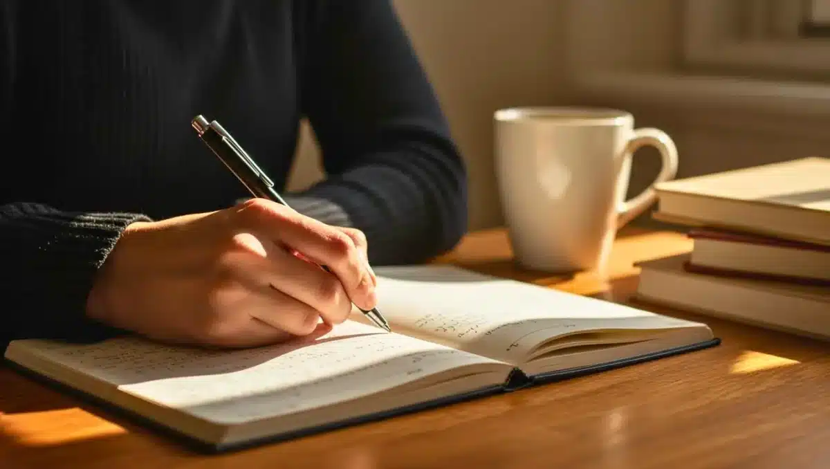 Personne écrivant à la main dans un carnet posé sur un bureau en bois, avec une tasse de café et des livres empilés à la lumière du matin.