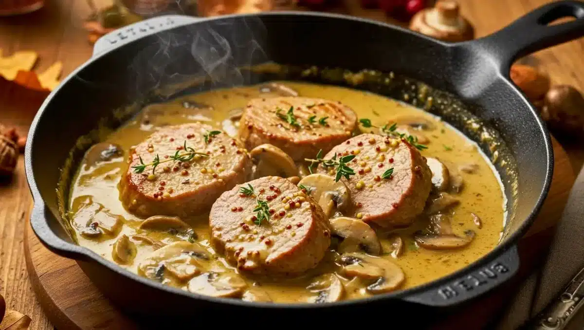 Poêle en fonte contenant un filet mignon en tranches nappé de sauce à la moutarde et accompagné de champignons émincés et de branches de thym frais.