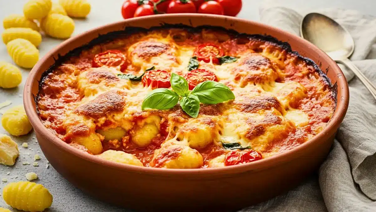 Plat de gnocchis maison gratinés à la sauce tomate et au fromage, décoré de feuilles de basilic frais.