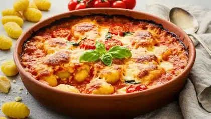 Plat de gnocchis maison gratinés à la sauce tomate et au fromage, décoré de feuilles de basilic frais.