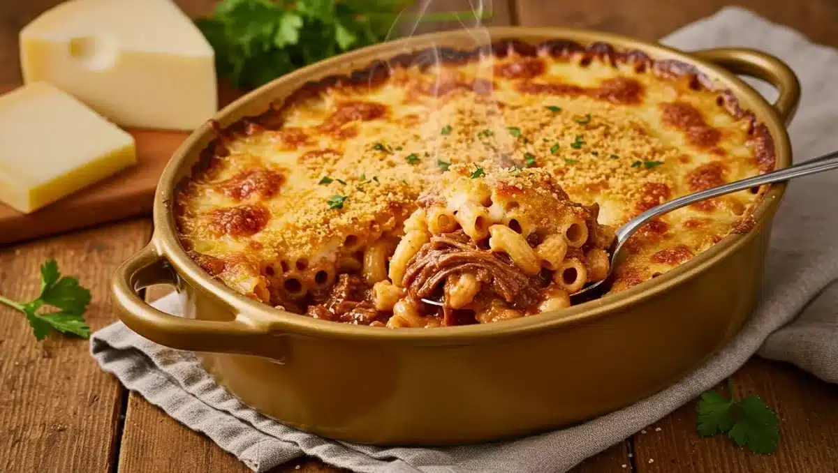 Gratin de coquillettes au bœuf bourguignon gratiné au fromage, servi chaud dans un plat en terre cuite avec une cuillère.