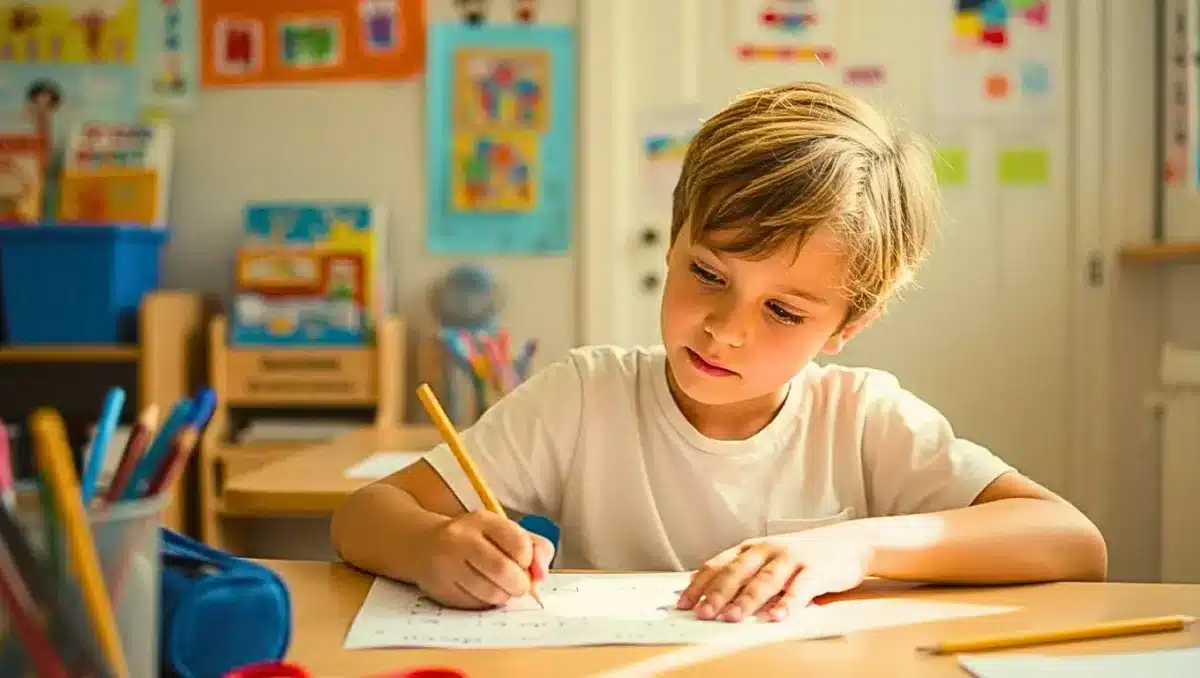 Enfant concentré écrivant sur une feuille dans une salle de classe colorée, symbole de l’apprentissage de la langue française.