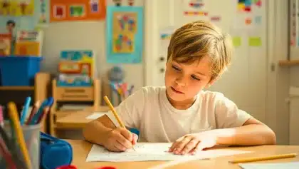 Enfant concentré écrivant sur une feuille dans une salle de classe colorée, symbole de l’apprentissage de la langue française.