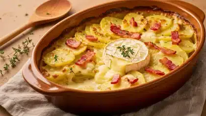Gratin de pommes de terre au camembert et lardons, doré au four avec fromage fondant et herbes fraîches.