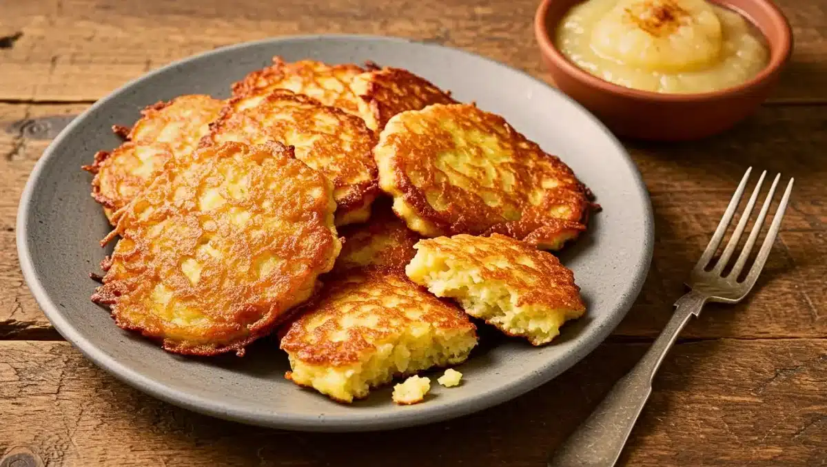 Galette dorée à la courge spaghetti croustillante, surmontée d’une burrata crémeuse qui coule, servie avec quelques feuilles de roquette.